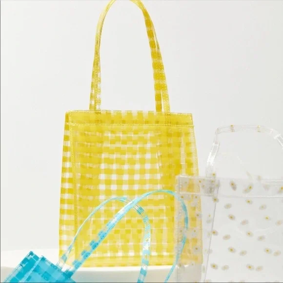 $3/20 Urban Outfitters Yellow Hello Gingham Plaid Printed Clear Mini Tote Bag - Picture 1 of 8